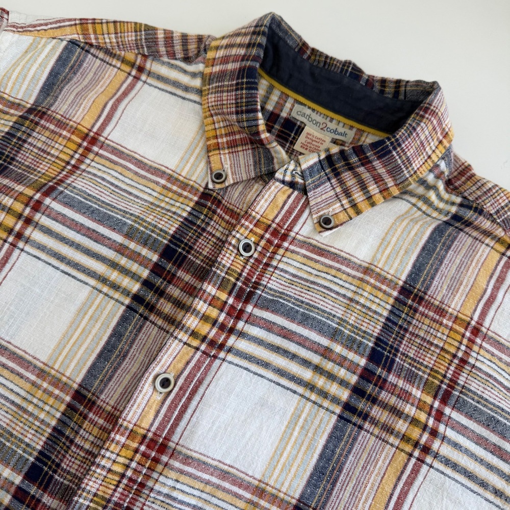 Carbon 2 Cobalt Plaid 100% Cotton Short Sleeve Button Down Men's Medium Red Tan‎